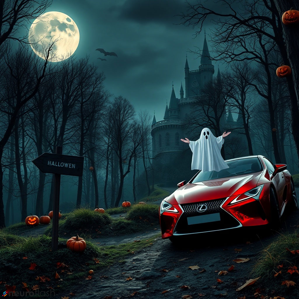 Halloweenatmosphäre mit Lexus und Gespenst und Vollmond und Kürbissen und Geisterschloss im Hintergrund