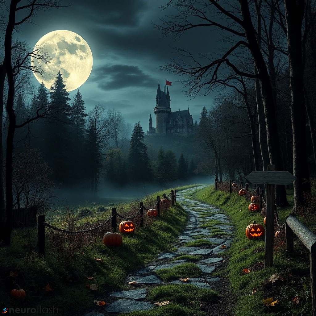 Halloweenatmosphäre mit Vollmond und Kürbissen und Geisterschloss im Hintergrund