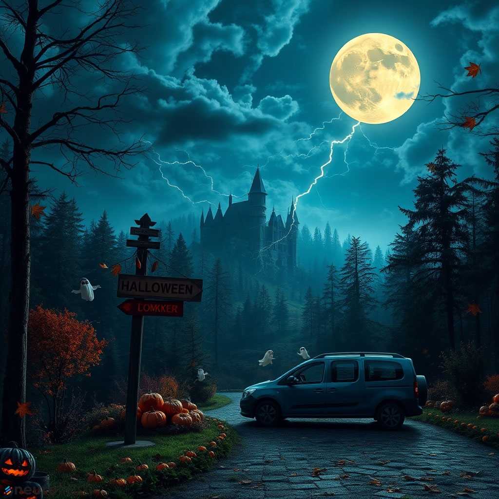 Halloweenatmosphäre mit Dokker und Vollmond und Kürbissen und Geisterschloss im Hintergrund