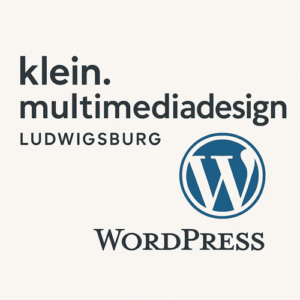KI-generiert: Infobox mit dem Firmennamen 'klein.multimediadesign' und einem WordPress-Logo
