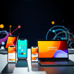 Ki generiert: Bild mit schwarzem Hintergrund und vorne Laptops und Smartphones